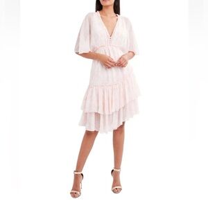 NWOT BCBGMAXAZRIA Printed Ruffle Asymmetrical-Hem Dress -  Pink/White - Medium